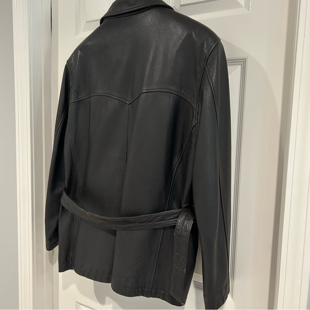 VTG 90s Tannery West Leather Black Brown Belt Collar Zip Jacket Coat Women XL - Picture 11 of 17